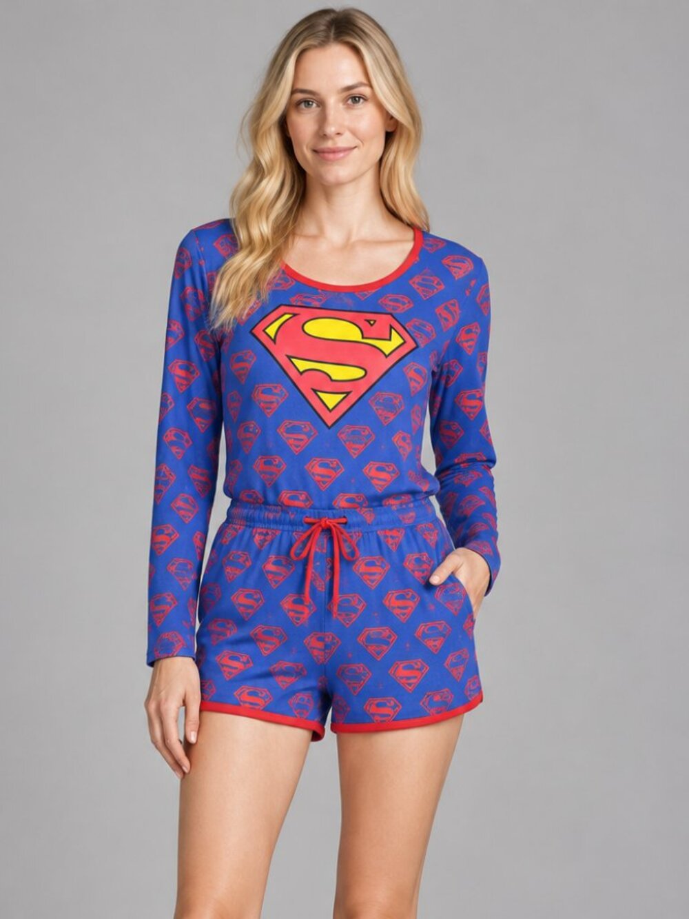 Women’s Superman Pajama Romper, Size M, Blue & Red, Like New
